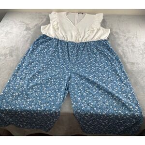 BloomChic Womens Plus Size 28 Jumpsuit White Blue Floral Wide Leg Ruffle V-Neck